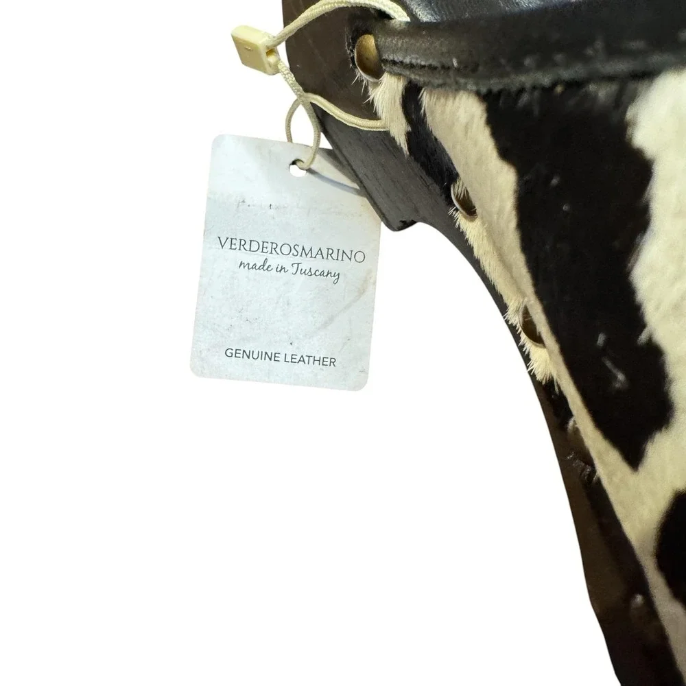 Verderosmarino Shoes Womens Size 7.5 Black Cow Print Leather Wedge Mules